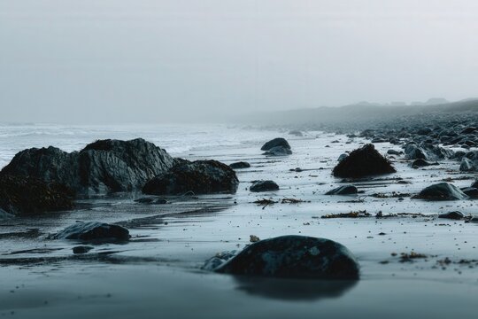 Stunning view of the misty West of Ireland coast with rocky shoreline at dawn