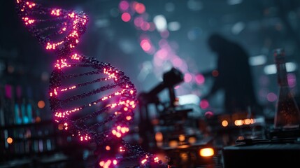 Pioneering genetic insights through advanced data analysis. Machine intelligence. Genetics specialist delving deep into digital dna sequences in a high-tech lab. Robotic evolution. Ai persona.