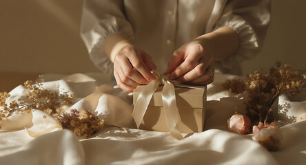 Close-up on hands tying a ribbon on a gift box, surrounded by dried flowers and crystals, evoking a sense of thoughtful gifting and artisanal preparation