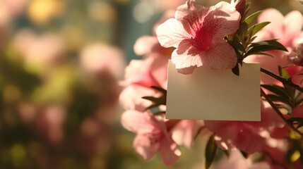 Delicate Pink Flowers with Empty Note Card in Natural Setting, Perfect for Personal Messages, Invitations, or Inspirational Quotes