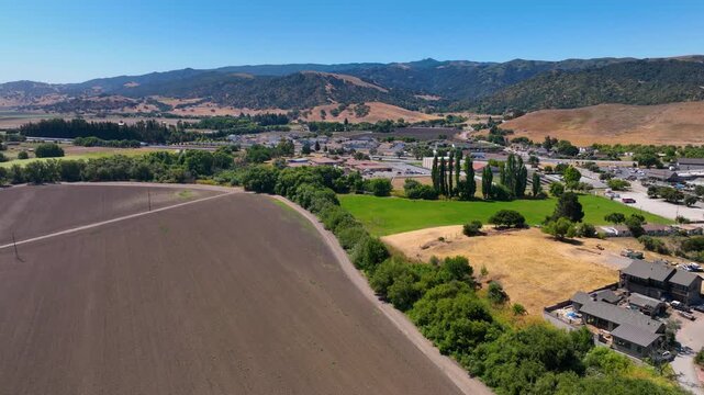 Mission San Juan Bautista aerial view at 406 2nd Street in historic town center of San Juan Bautista, San Benito County, California CA, USA. 