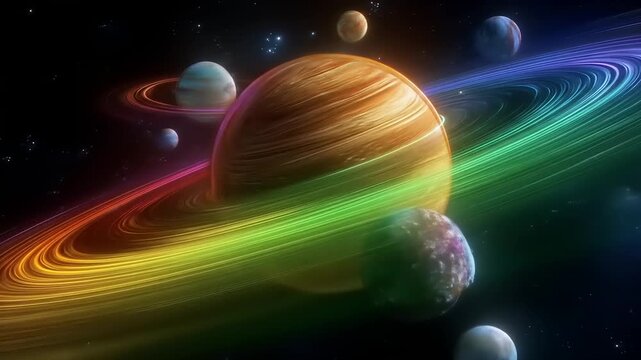 Cosmic planets with colorful rings and moons in a dark space background