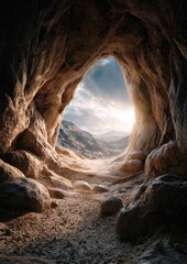 Cave entrance with view of landscape and bright sky day scene