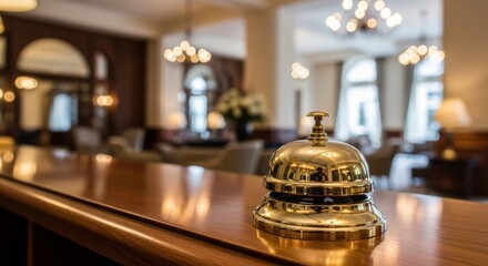 Elegant Gold Service Bell on Wooden Reception Desk in Luxurious Hotel Lobby