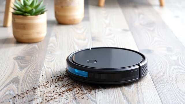 smart robotic vacuum cleaner removing dust and debris from hardwood floor in a modern home with plants in background