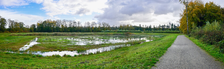 Natural beauty of Ranst, Belgium showcases serene wetlands and a walking trail under a cloudy sky