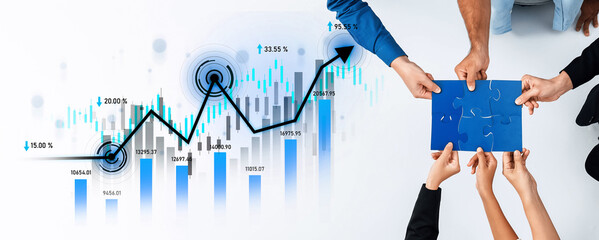 Collaborative team effort focusing on financial growth, symbolized by charts and a puzzle piece, representing strategy and success in the modern business environment. Scalp