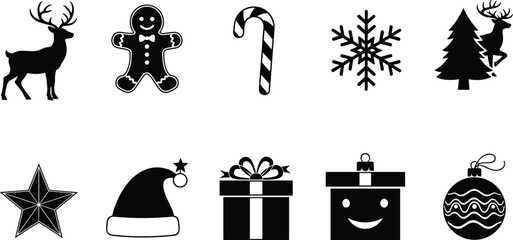 Christmas icon set, festive silhouette vector, holiday decoration graphic, gift box illustration, reindeer ornament design, seasonal black clipart © Mst