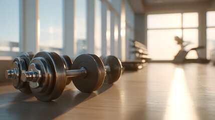 Adjustable dumbbell weight metal fitness gym natural light sunlit adjustable dumbbell wooden floor with warm natural light and gym interior