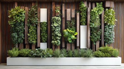 Vertical garden with diverse plants, integrated with wooden panels, creating an indoor biophilic design. It is a harmonious blend of nature and architecture. 