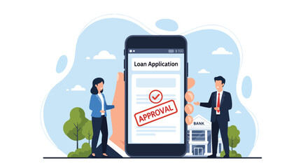 Modern flat vector illustration of a customer submitting a digital loan form with approval stamp and financial icons. Ideal for banking apps, fintech guides, and loan service promotions