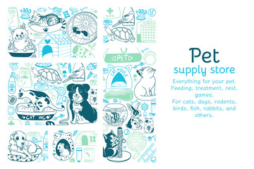 Vector frame for a pet store. Banner with pet care products. Graphic elements for feeding, treating, caring for, playing with, and relaxing cats, dogs,turtles, fish, rabbits, parrots and rodents