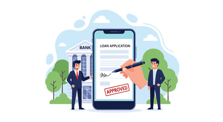 Modern flat vector illustration of a customer submitting a digital loan form with approval stamp and financial icons. Ideal for banking apps, fintech guides, and loan service promotions