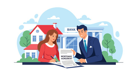 Flat vector couple signing mortgage loan documents with banker beside house icon and contract sheet. Ideal for real estate ads, mortgage services, housing finance, and property lending