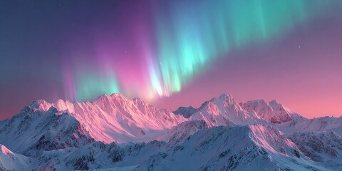 Frozen tundra landscape under glowing aurora borealis, vibrant green and purple skies above snowy peaks, creating a magical and surreal atmosphere