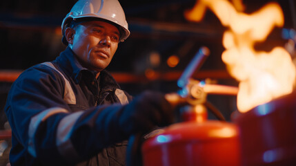 Maintenance technician in hard hat checking pressure needle on extinguisher, multiple units lined up, dramatic industrial lighting creating strong highlights