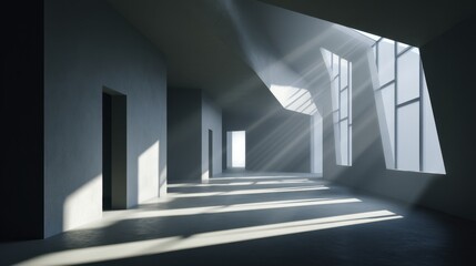 Fototapeta premium Serene Modern Interior Space with Dramatic Light Rays and Geometric Design Elements Casting Shadows on the Floor