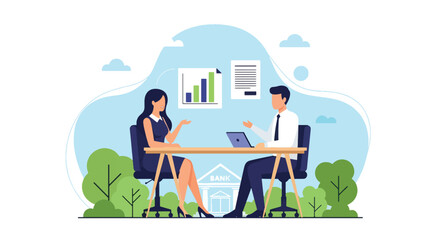 Flat vector client discussing personal loan options with financial advisor, charts floating around. Ideal for banking brochures, loan guides, and financial consultation services