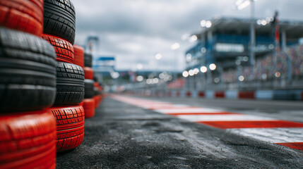 Rows of tightly compressed red and black tires set along the boundary of a motorsport facility, cloudy sky reflecting on rubber surfaces, worn asphalt foreground adding authenticit