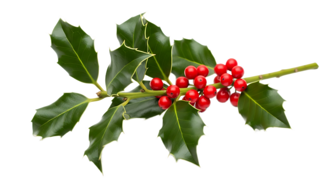A sprig of holly with green leaves and bright red berries isolated on a transparent background - Powered by Adobe