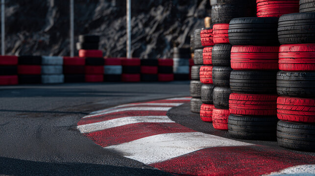 Stacks of red and black racing tires arranged in alternating layers along a sharp corner of an asphalt circuit, sunlight casting long shadows across the textured rubber, hints of w