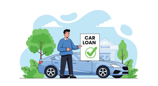 Flat vector scene of customer receiving approved car loan beside vehicle silhouette and loan document. Ideal for auto financing ads, dealership promotions, and banking loan materials