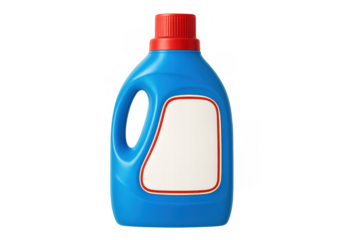 Blue plastic bottle of laundry detergent with blank label for branding or product mock-up on transparent background