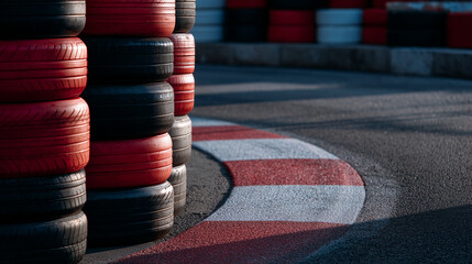 Symmetrical arrangement of red and black tires stacked high along a tight chicane, shadows enhancing shape and structure, asphalt texture crisp and defined, protective elements rea