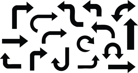 Diverse Set of Black Directional Arrows on White Background