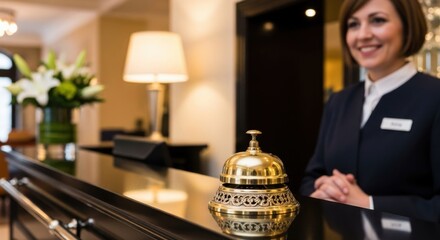 Professional Female Concierge Wearing Business Attire Standing at Hotel Reception Desk