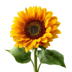 A vibrant yellow sunflower with an intricate brown center and green leaves isolated on a clean white background