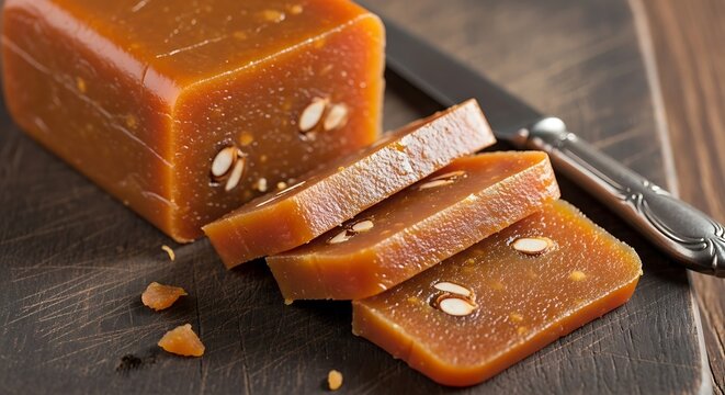 Marmelada (quince paste) block sliced on a dark wooden board. Focus on firm texture.