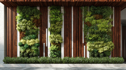 Vertical garden with diverse plants, integrated within an architectural design. The composition features wooden slats and verdant greenery.