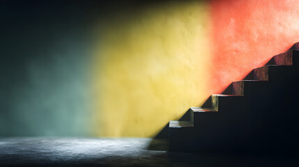 Minimal metal staircase ascending beside textured wall with moody colored light creating dramatic shadow and atmospheric contrast