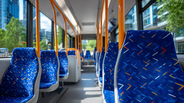 Forward interior scene of a completely empty public bus, polished floor leading to the front, blue geometric seat patterns vivid and clean, bright orange poles stretching overhead,
