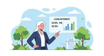 Flat vector customer analyzing interest rates across loan types using percentage charts. Ideal for finance blogs, rate comparison tools, and banking product explanations