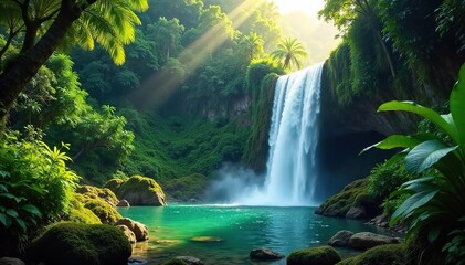 Majestic Tropical Waterfall Cascading Through Lush Jungle Paradise Sunlit Mossy Rocks, Crystal Clear Pool, Tranquil Escape