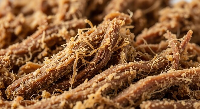 Macro detail of Paoca de Pilo (dry meat paoca) fibrous texture.