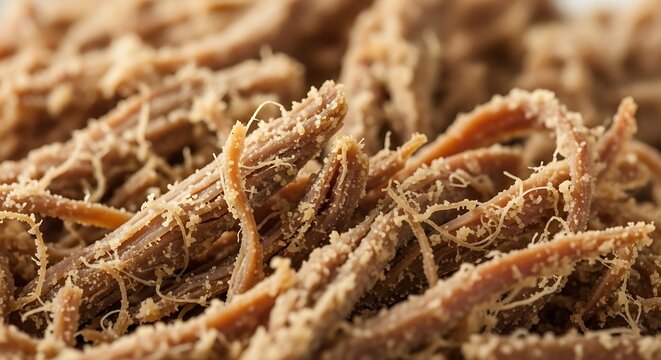 Macro detail of Paoca de Pilo (dry meat paoca) fibrous texture.