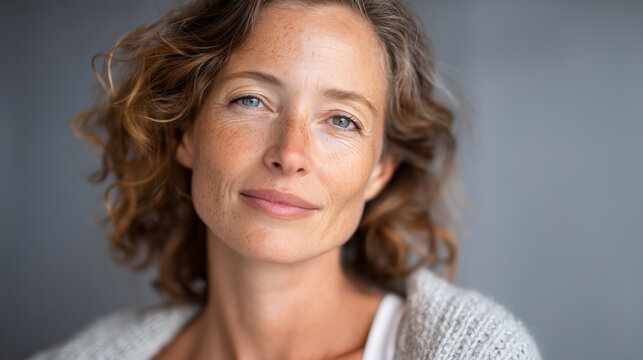 Woman facing forward with split aging effect, aged side showing fine lines and sun damage, youthful side radiant and smooth, soft light enhancing skin texture differences