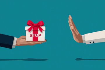 Businessman refusing a gift box with a stop sign on it symbolizing rejection of bribery or unwanted presents