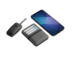 Close-Up of Personal Items Smart Key, Smartphone, and Card Holder.