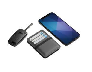 Close-Up of Personal Items Smart Key, Smartphone, and Card Holder.