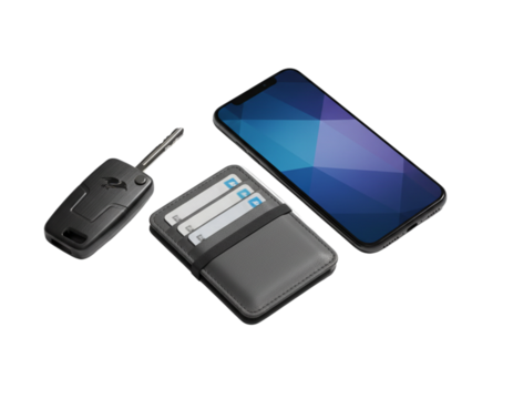 Close-Up of Personal Items Smart Key, Smartphone, and Card Holder.