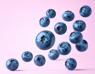 Fresh Blueberries Floating on Soft Pink Background