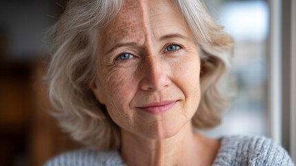 Beauty treatment comparison portrait, womanâs aged half showing discoloration and deep lines, youthful half smooth and glowing, high clarity highlighting the dramatic difference