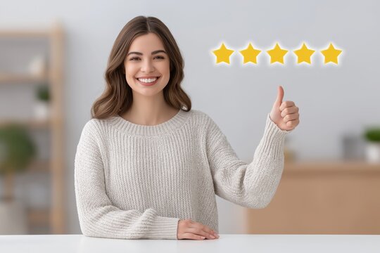 Smiling woman with long brown hair in cozy sweater giving thumbs up gesture, expressing satisfaction with five stars above, showcasing positive feedback and customer experience