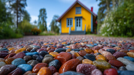 Macro shot of decorative resin-bound driveway stones, tightly packed and polished, yellow house faÃ§ade and red roof softly blurred behind, showcasing premium home improvement craft