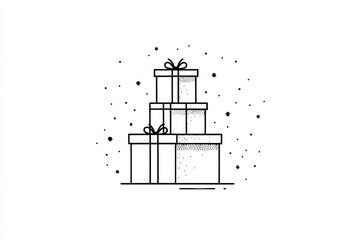 Fototapeta premium Hand drawn sketch of three stacked gift boxes tied with ribbons and scattered confetti on a white background