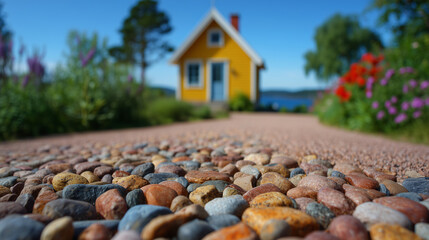 Macro shot of decorative resin-bound driveway stones, tightly packed and polished, yellow house faÃ§ade and red roof softly blurred behind, showcasing premium home improvement craft